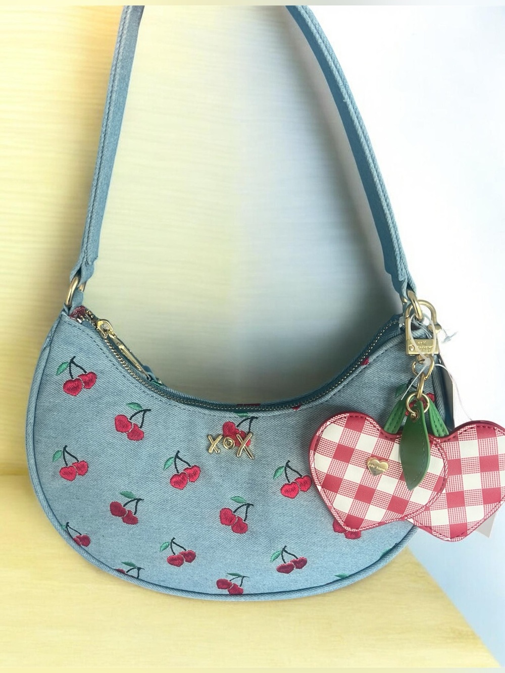 Betsey Johnson Cherry Embroidered Denim Shoulder Bag with Heart Charm